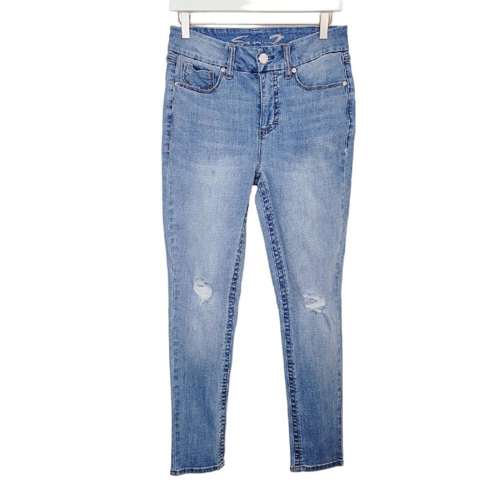 Seven7 Sz 8 Tummyless High Rise Skinny Jean Light Wash Distressed Knees Stretchy